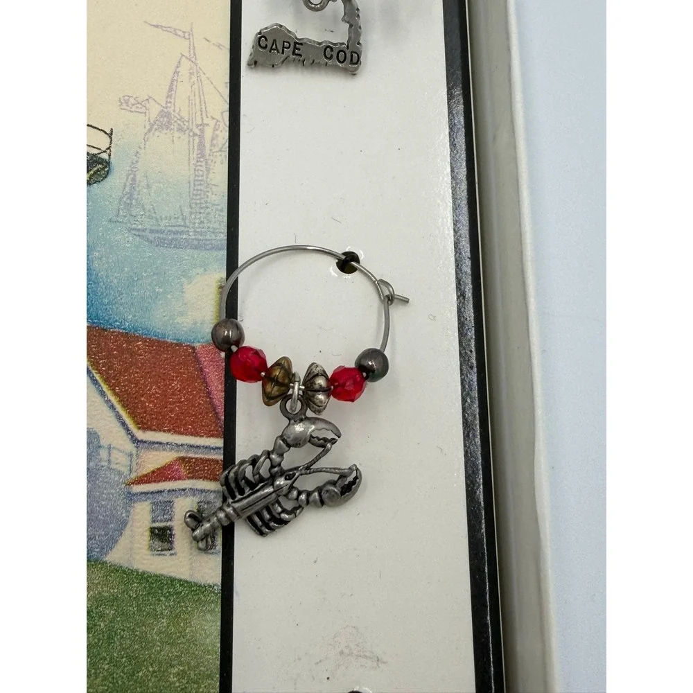 Vintage Nautical Wine Glass Charms Set 6 Cape Cod Lobster‎ Seagull Pewter